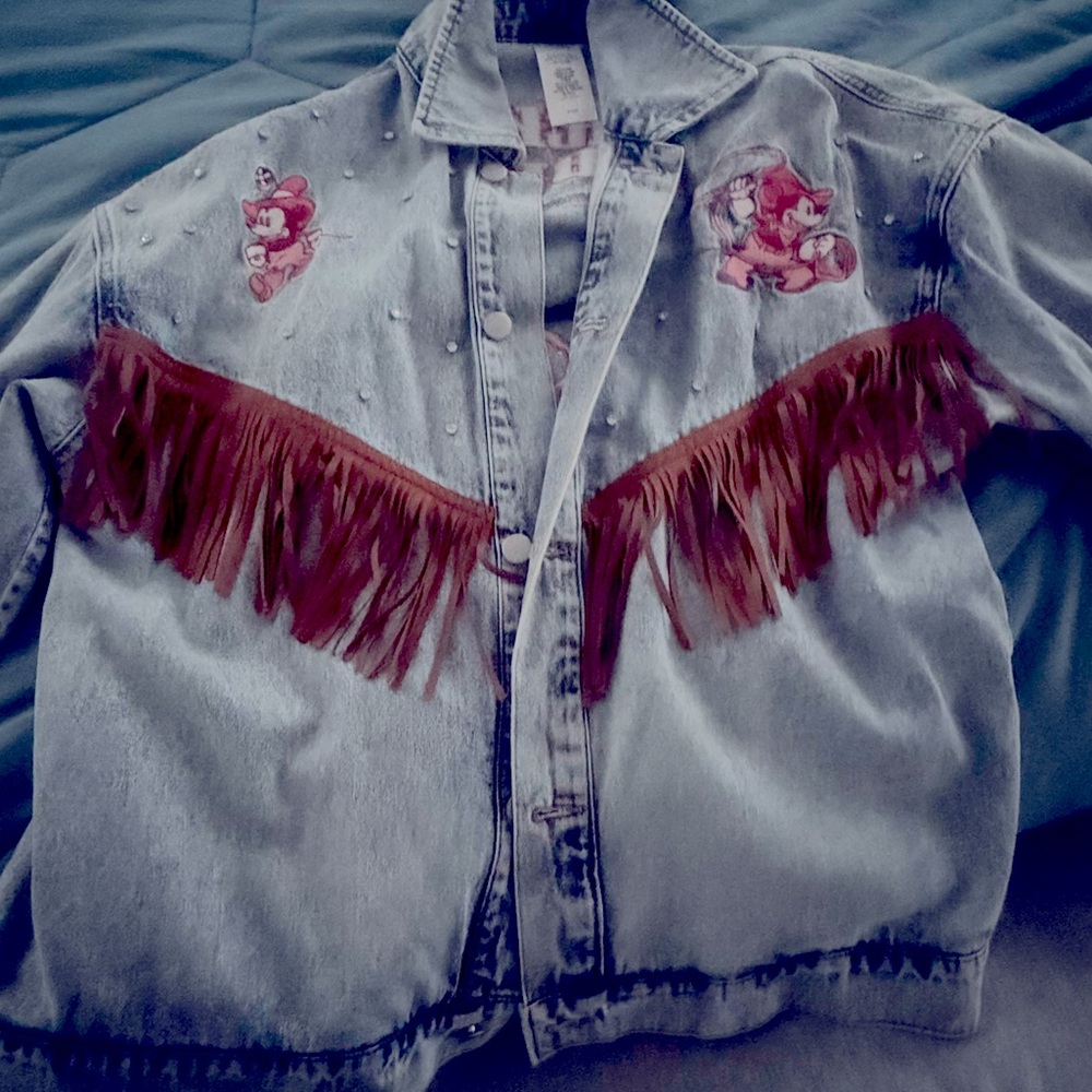 Womens Large Mickey Mouse Jean Fringe Jacket